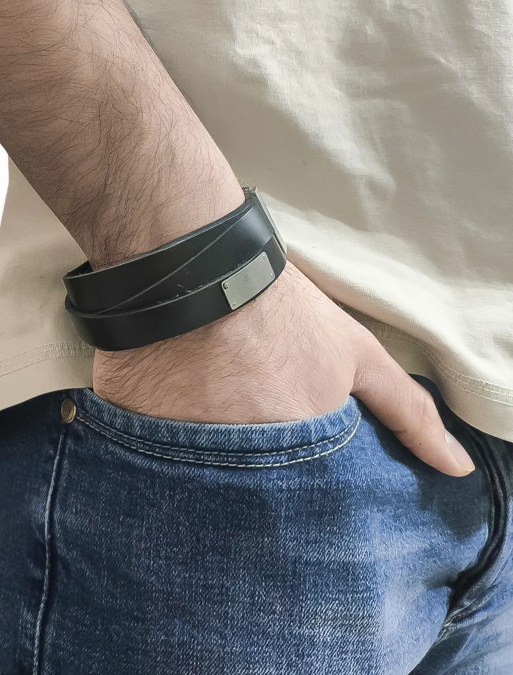 Δερμάτινη χειροπέδα, ανδρικό βραχιόλι από ανοξείδωτο ατσάλι, TRIBUTE, 0230377301